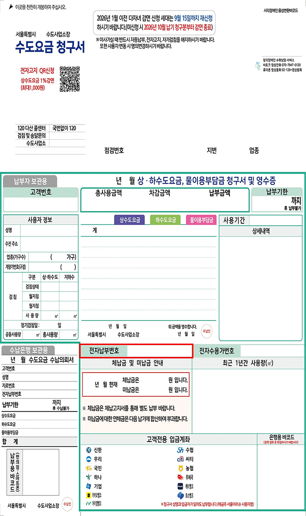 수도요금 고지서 예시. 은행 창구 수납 시 사업소 보관용 부분(빨간 실선)이 필요합니다.